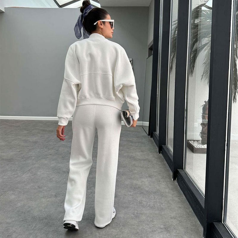 Winter Fur Zipper Cardigan Casual Straight Pants Two Piece Sets