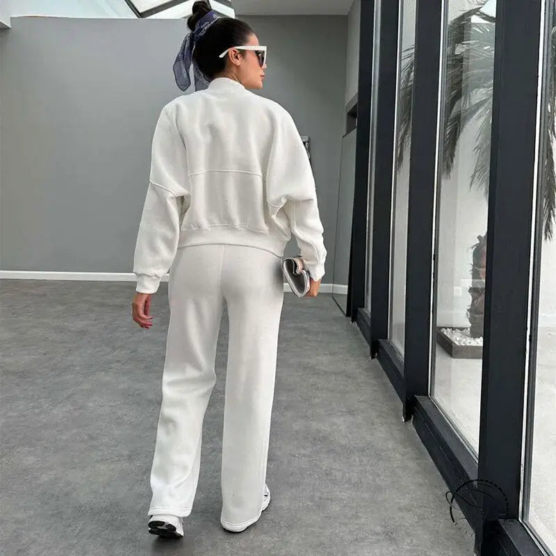 Winter Fur Zipper Cardigan Casual Straight Pants Two Piece Sets