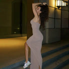 Gorgeous dusty rose spaghetti strap maxi dress with high slit