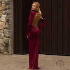 Beautiful high collar burgundy satin maxi dress with open back