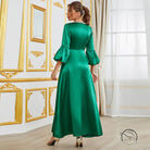 Green satin bell-sleeve maxi dress with gold trim, langry fashion gown