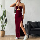 Burgundy halter maxi dress in enchanting slim fit fashion