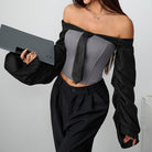 Langry fashion black off-shoulder crop top with bell sleeves