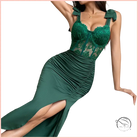 Emerald green satin langry fashion gown with lace bodice and bow straps
