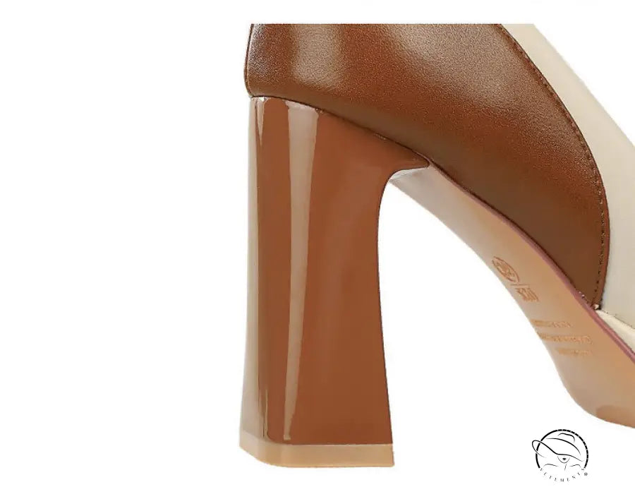 Fashionable langry tan and white block heel sandal with glossy finish