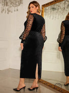 Elegant mesh long sleeve dress with black velvet midi and sheer polka dot sleeves