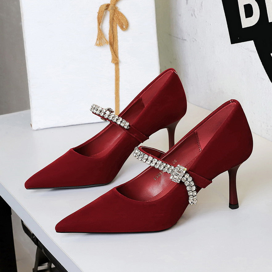 Langry red satin high-heeled fashion shoes with rhinestone accents