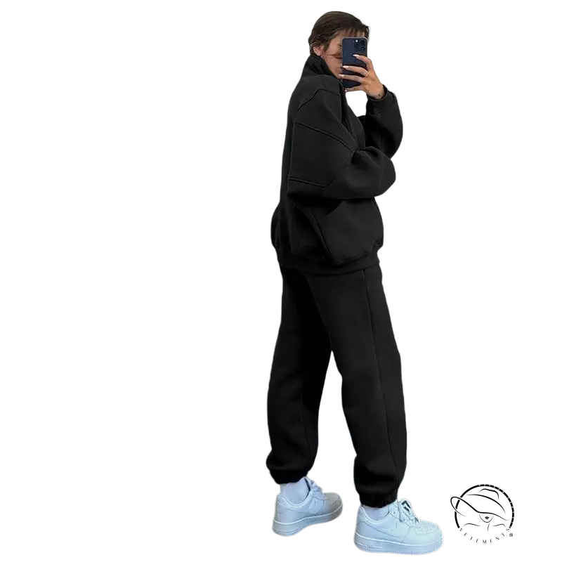 Black comfy stand collar cardigan sweater suit with oversized sweatshirt and joggers