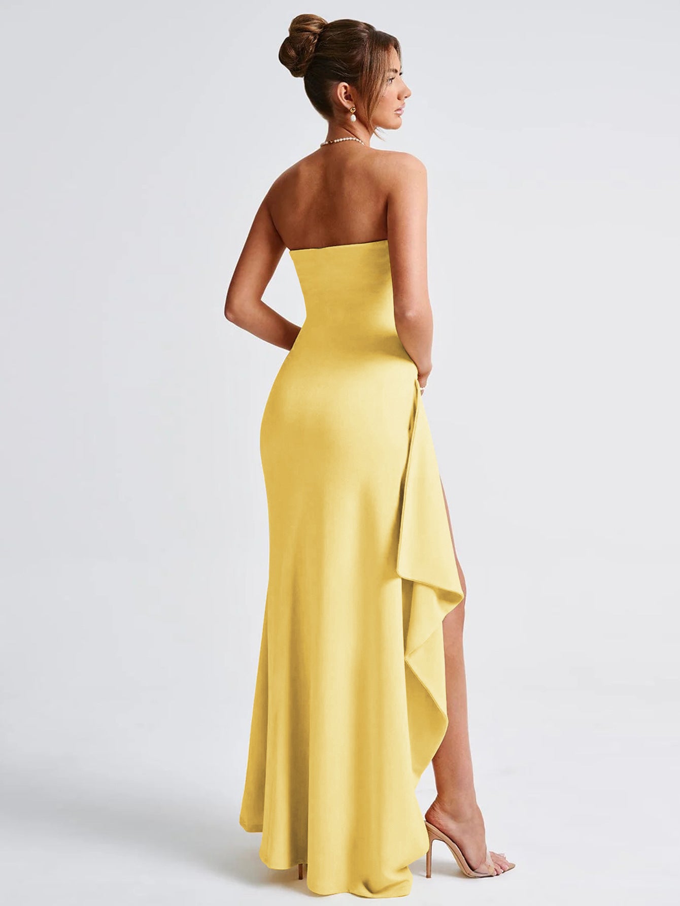 Beautiful Side Slit Dress in yellow features a high slit for elegant fashion appeal