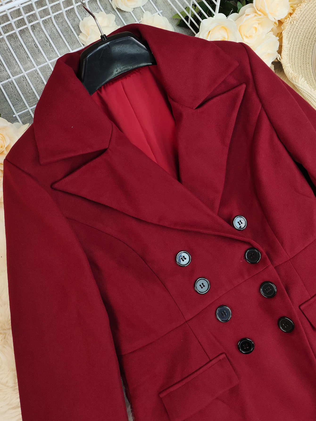 Red double-breasted woolen long coat in autumn winter fashion