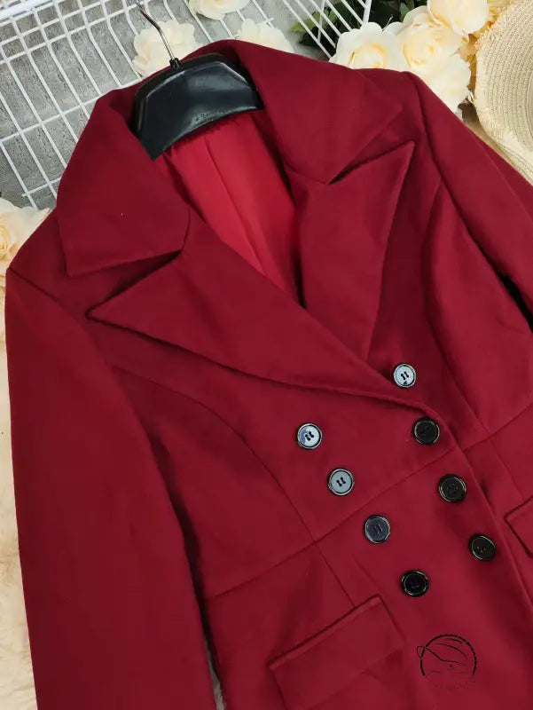 Red double breasted long woolen coat in autumn winter fashion