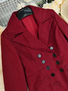 Red double breasted long woolen coat in autumn winter fashion