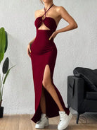 Burgundy halter maxi dress in enchanting slim fit fashion