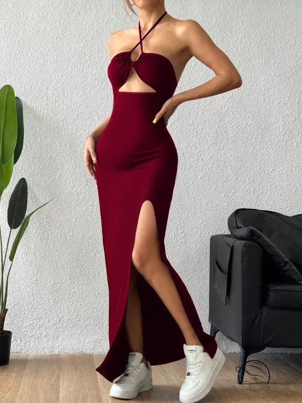 Burgundy halter maxi dress in enchanting slim fit fashion