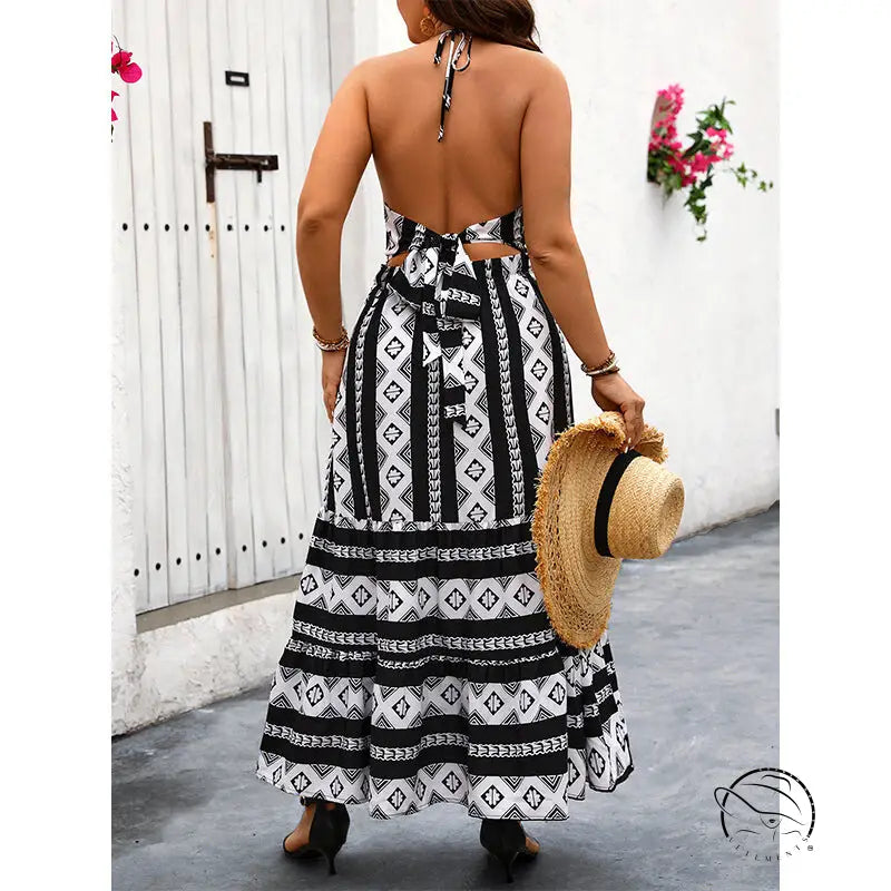 Black and white patterned vacation bare maxi dress by Langry