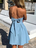 Light blue strapless short dress with back bow in Langry fashion