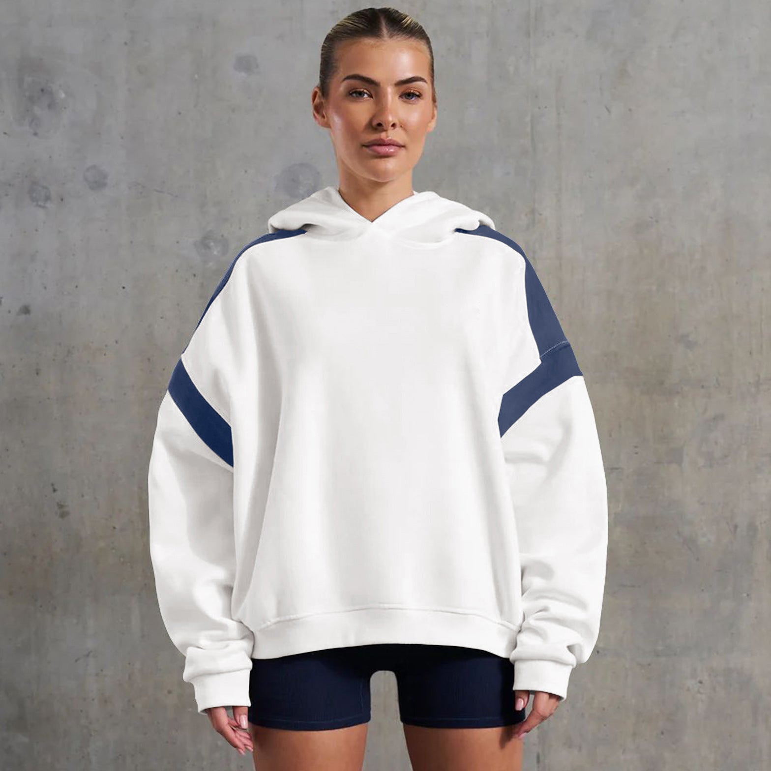 High End Drop Shoulder White Hoodie with Navy Blue Accents for Langry Fashion ملابس