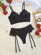 Black lace lingerie set with trim from Underwear Lace See through Temptation Bra T Back Two Piece Set, perfect for langry fashion and ملابس