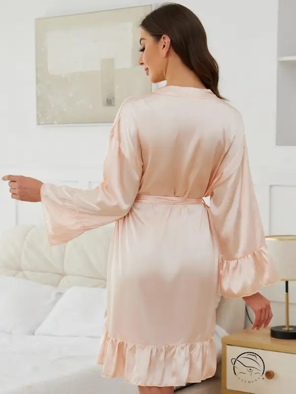 Light pink satin short robe with long sleeve ruffled fashion design