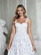 White corset-bodice floral dress with European French gentle three dimensional camellia straps