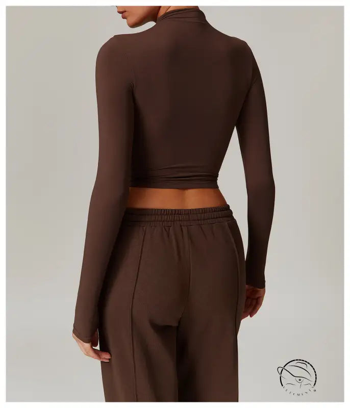 Brown quick drying fitness cropped turtleneck top with long sleeves