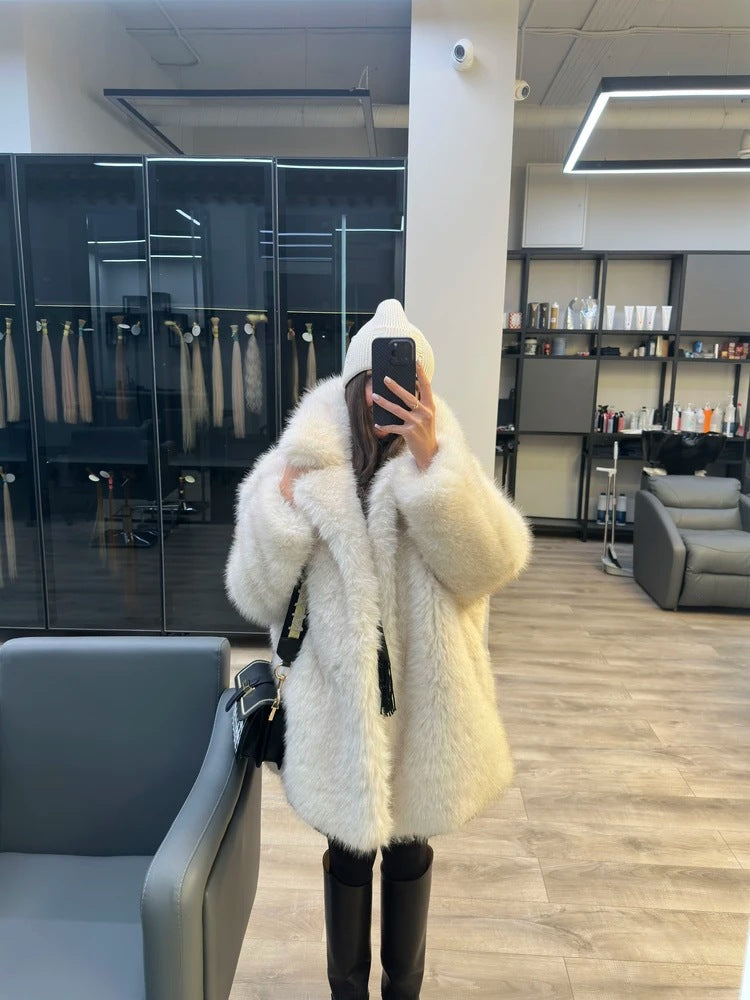 Langry Warm Collar Mid-Length Faux Fur Jacket with Black Trim