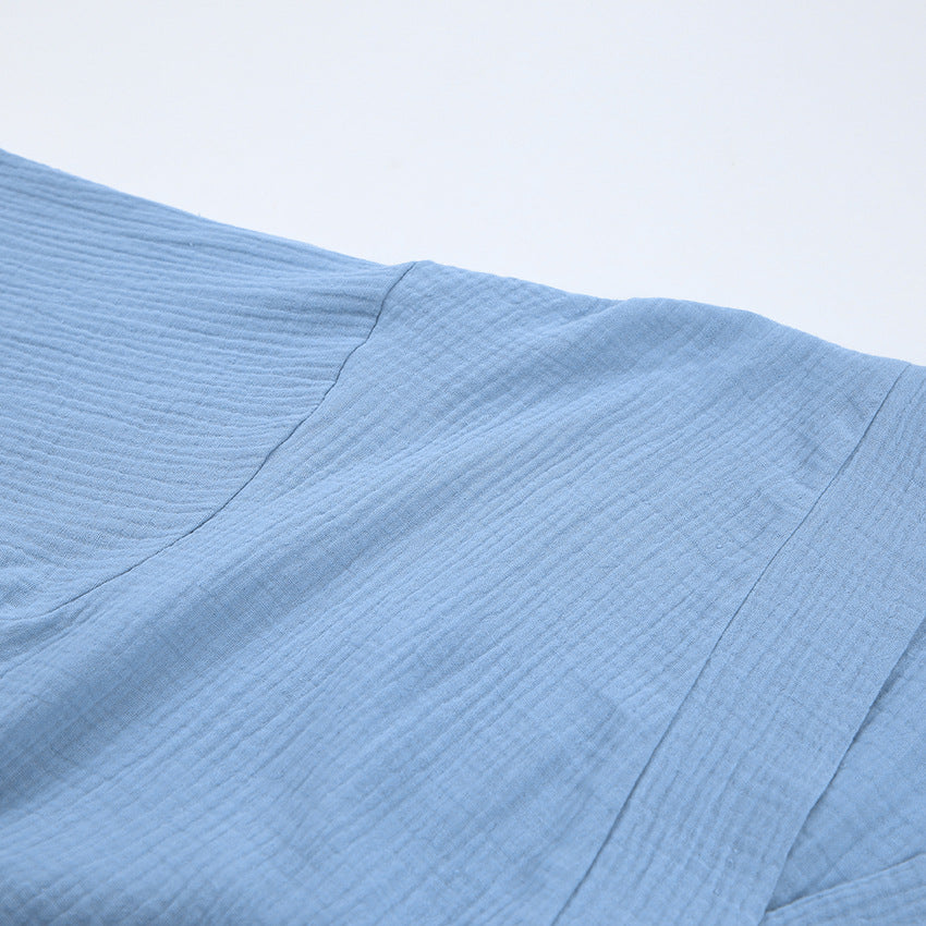 Light blue crinkle-textured pure cotton casual nightgown for langry comfort