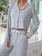 Women’s heather gray langry home wear pajama set with white piping