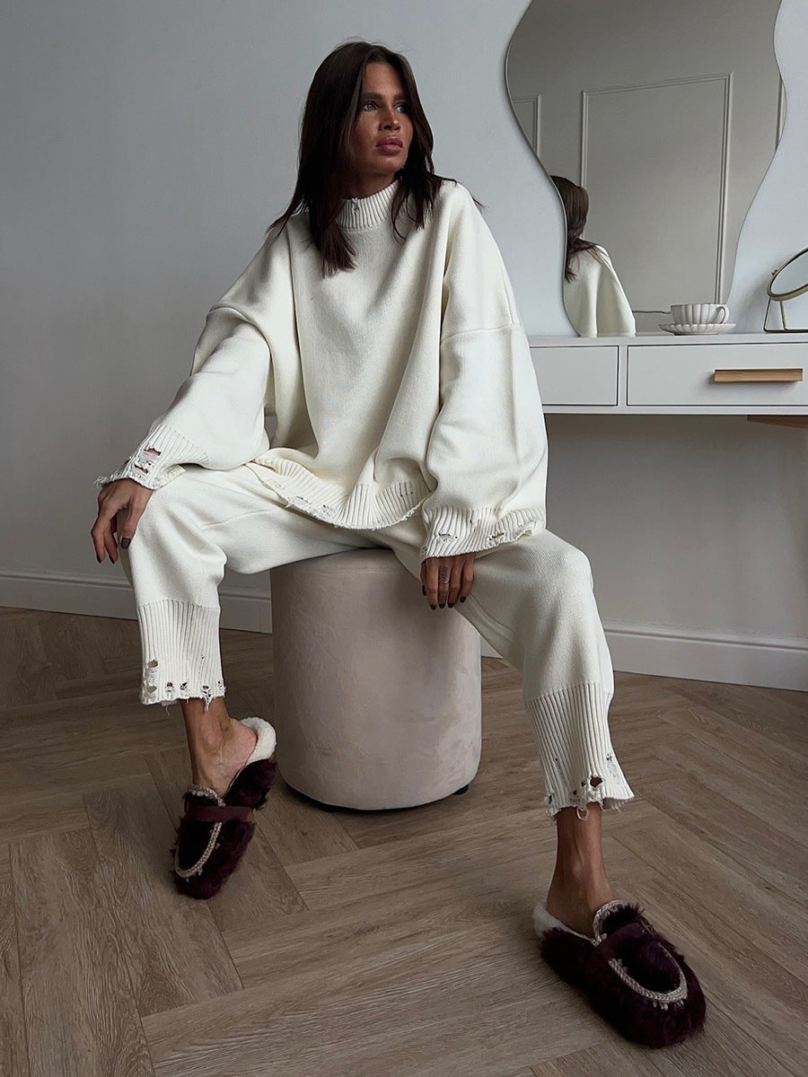 Winter Knitted Ankle Tight Pants Turtleneck Sweater Set