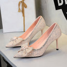 Langry fashion gold glitter stiletto pumps with bowknot rhinestone detail