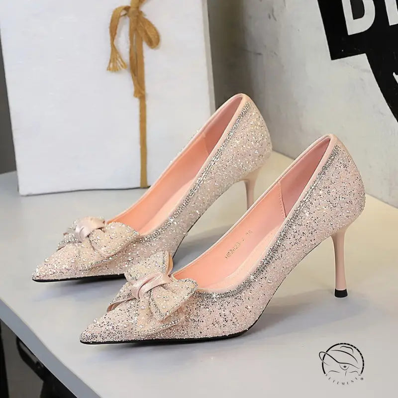 Langry fashion gold glitter stiletto pumps with bowknot rhinestone detail
