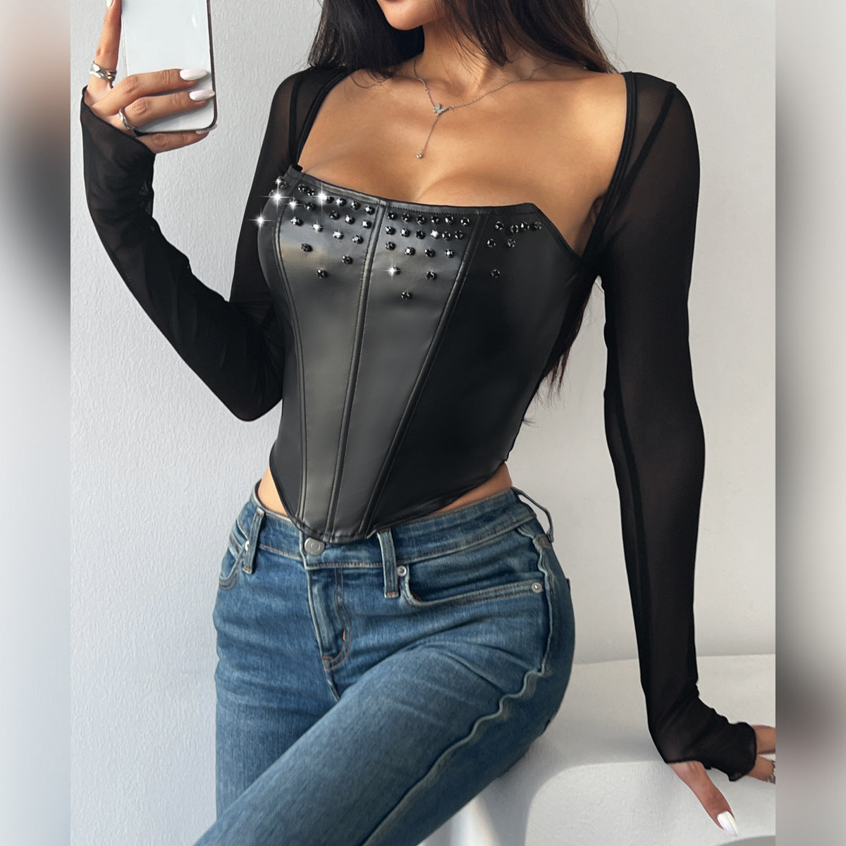Faux Leather Diamond Boning Corset featuring a Black Studded Corset Top for edgy fashion