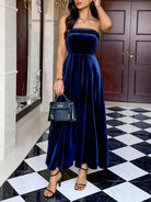 Elegant royal blue velvet strapless maxi dress by Langry Fashion