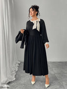 Winter Retro Slim Black Langry Fashion Dress with White Bow and Pleats