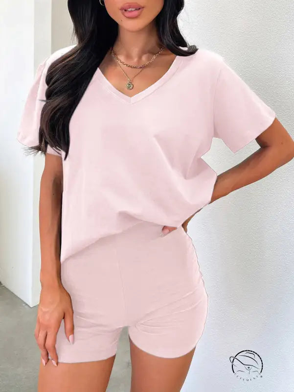 Pale pink Comfy Daily Set with V-neck t-shirt and matching shorts