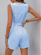 Blue and white striped sleeveless romper with tie waist, perfect for Langry summer fashion