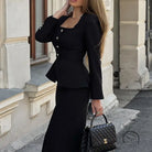 Women Square Collar Long Sleeve Cardigan Top Package Hip Skirt Two Piece Set