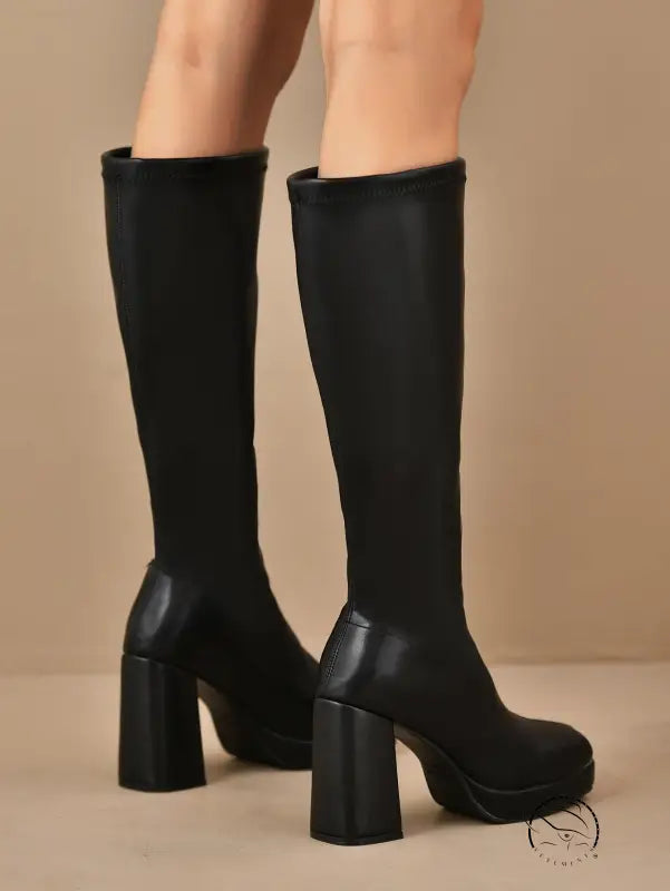 Leather Slimming Chunky Heel Below the Knee Knight Boots