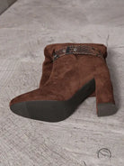 Brown suede langry fashion ankle boot with strap and chunky heel