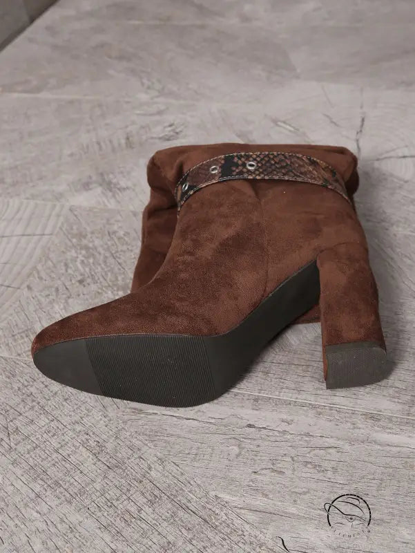 Brown suede langry fashion ankle boot with strap and chunky heel