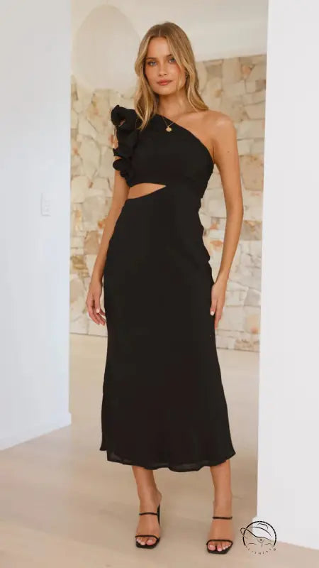 Enchanting slim fit black one-shoulder midi dress with ruffle and cutout