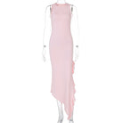 Sleeveless pink dress with asymmetrical hemline, a stylish choice in ملابس fashion
