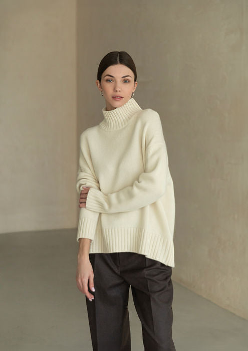 Langry cream turtleneck sweater with balloon sleeves, ribbed knit, winter fashion