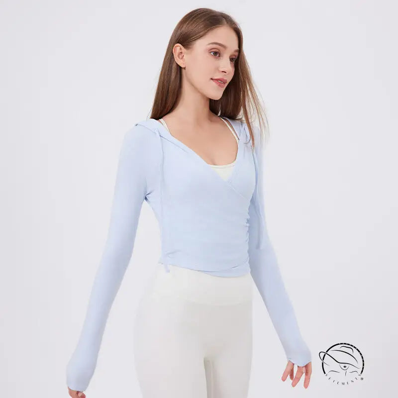 Slim fit slimming light blue long-sleeved v-neck hoodie with waist ruching