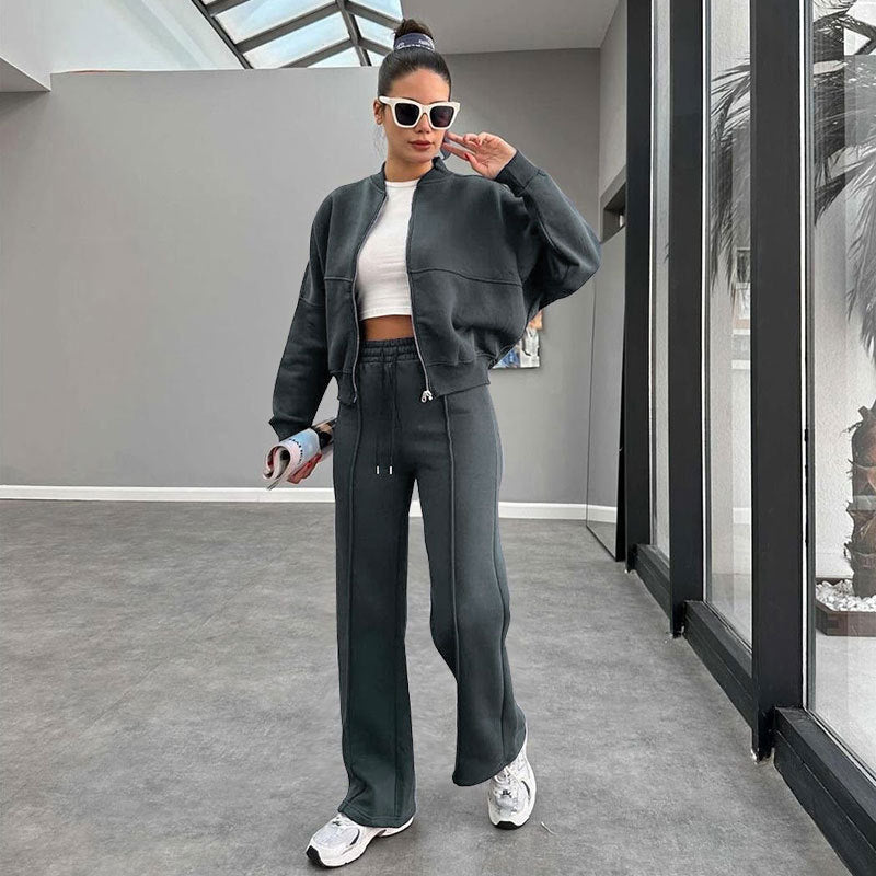 Winter Fur Zipper Cardigan Casual Straight Pants Two Piece Sets
