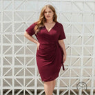 Gorgeous v-neck pleated red dress in burgundy wrap style from Langry fashion