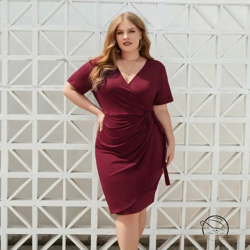 Gorgeous v-neck pleated red dress in burgundy wrap style from Langry fashion