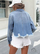 Distressed loose street denim short coat with frayed hem and fade