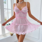 Pink lace fashion dress with ruffled trim and spaghetti straps, Langry ملابس