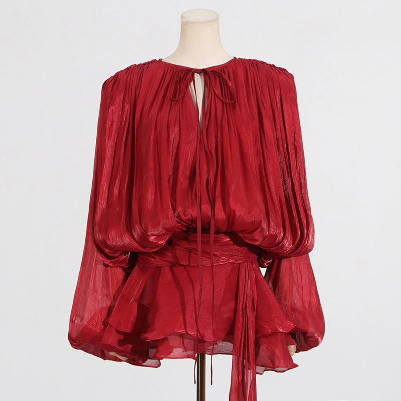 Red long-sleeved tie-neck blouse, a chic piece in the Langry fashion collection